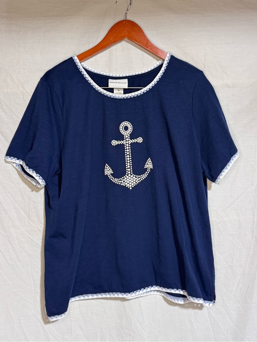 Alfred Dunner Navy Short Sleeve Top with White Anchor Accent
